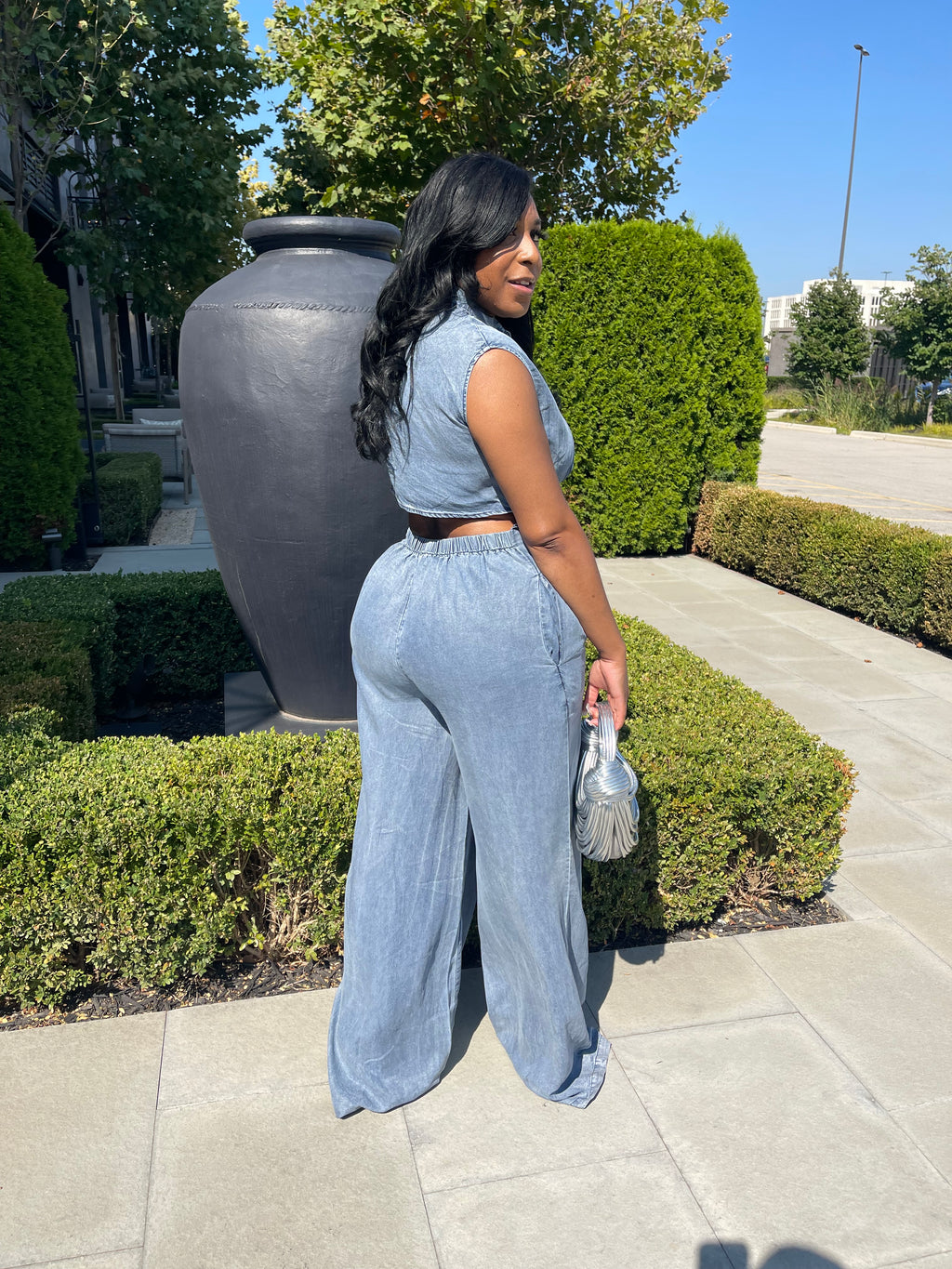 Sleeveless Button-Front Wide-Leg Denim Jumpsuit
