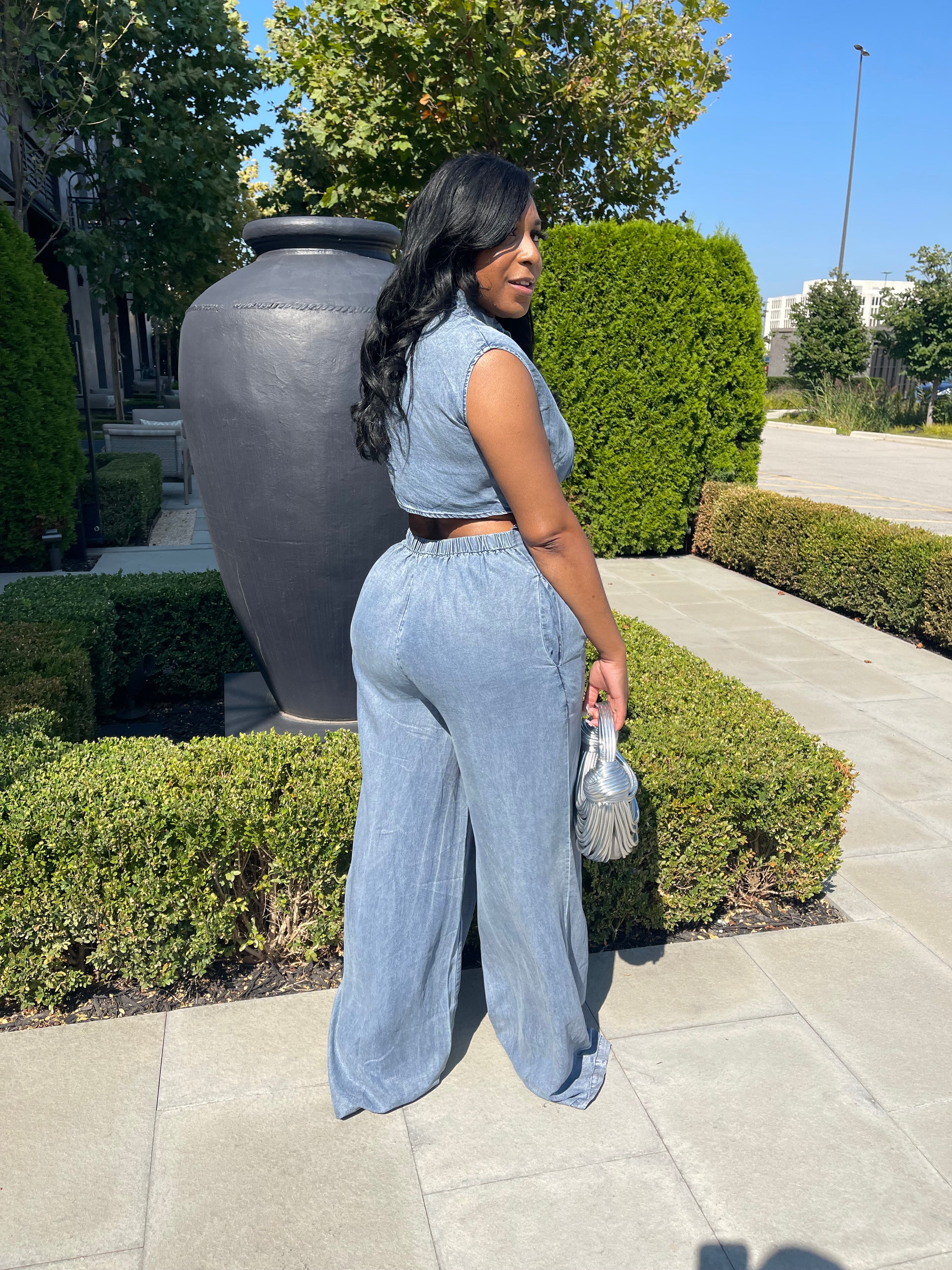 Sleeveless Button-Front Wide-Leg Denim Jumpsuit