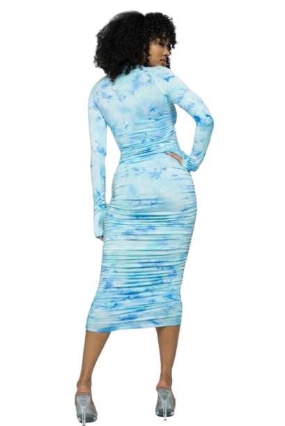 On Cloud Nine Women's Bodycon Ruched Tie Dye Long Sleeve Mock Neck Mini Pencil Dress