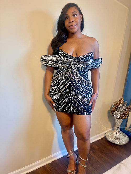 Crystal Obsession Mini Dress – Off-Shoulder Glam Edition