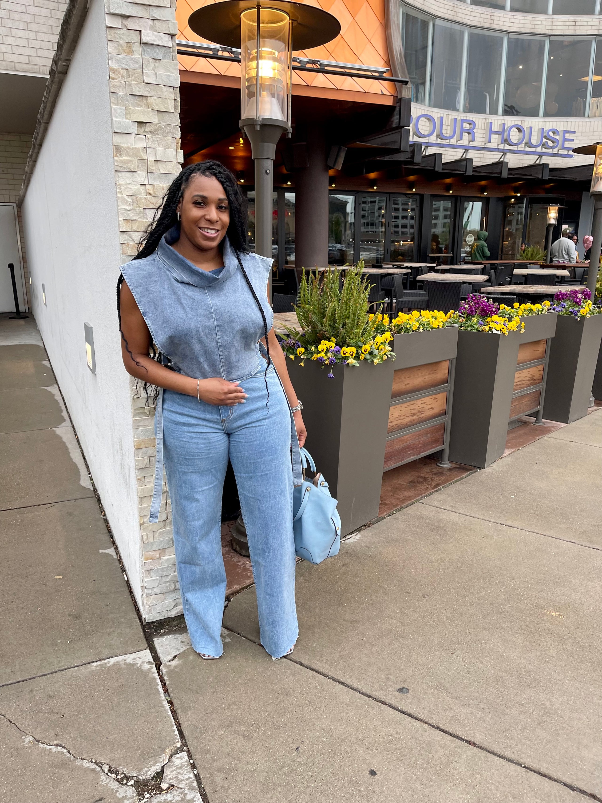 Denim Buckle Sleeveless Turtleneck Top