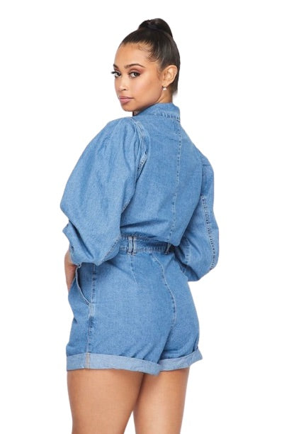 Women's Short Denim Ballon Long Sleeve Button Down Jean Jumpsuit Romper