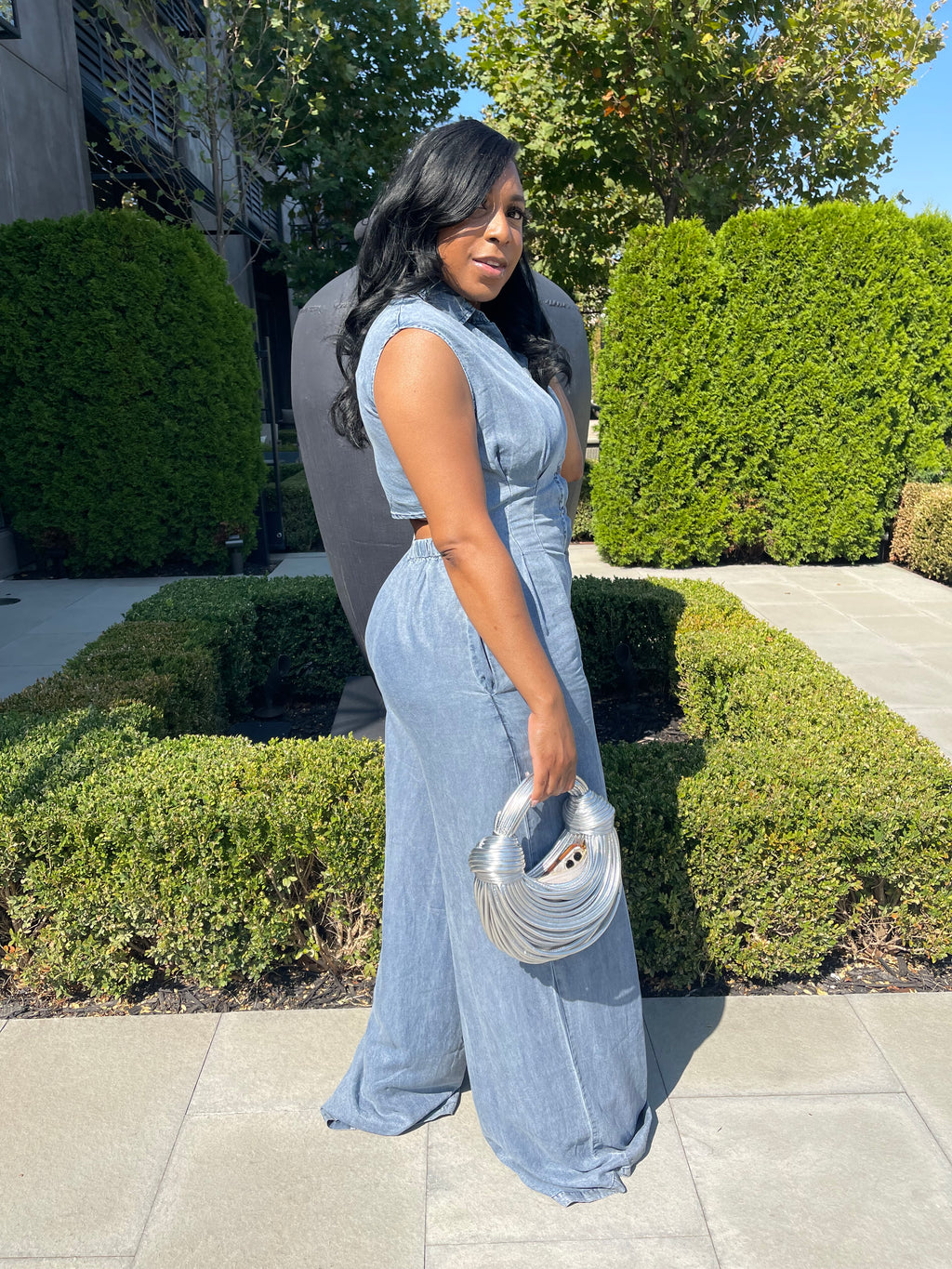 Sleeveless Button-Front Wide-Leg Denim Jumpsuit