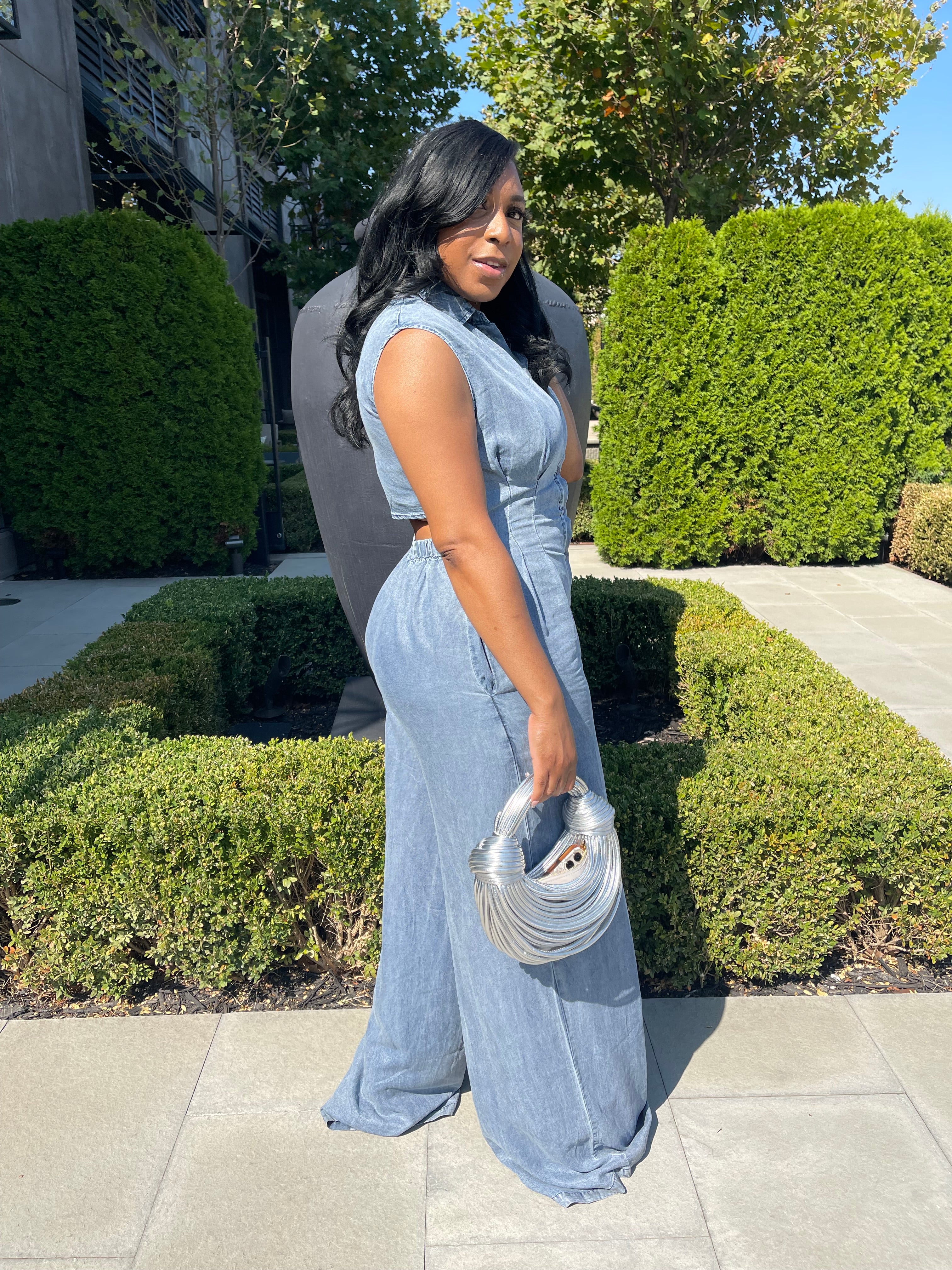 Sleeveless Button-Front Wide-Leg Denim Jumpsuit