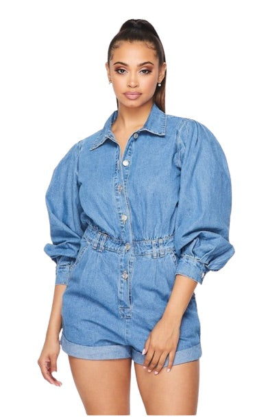 Women's Short Denim Ballon Long Sleeve Button Down Jean Jumpsuit Romper