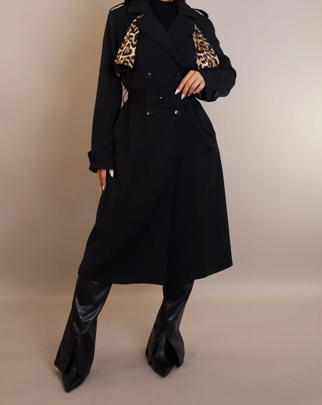 Fierce Black Trench Coat with Leopard Lining