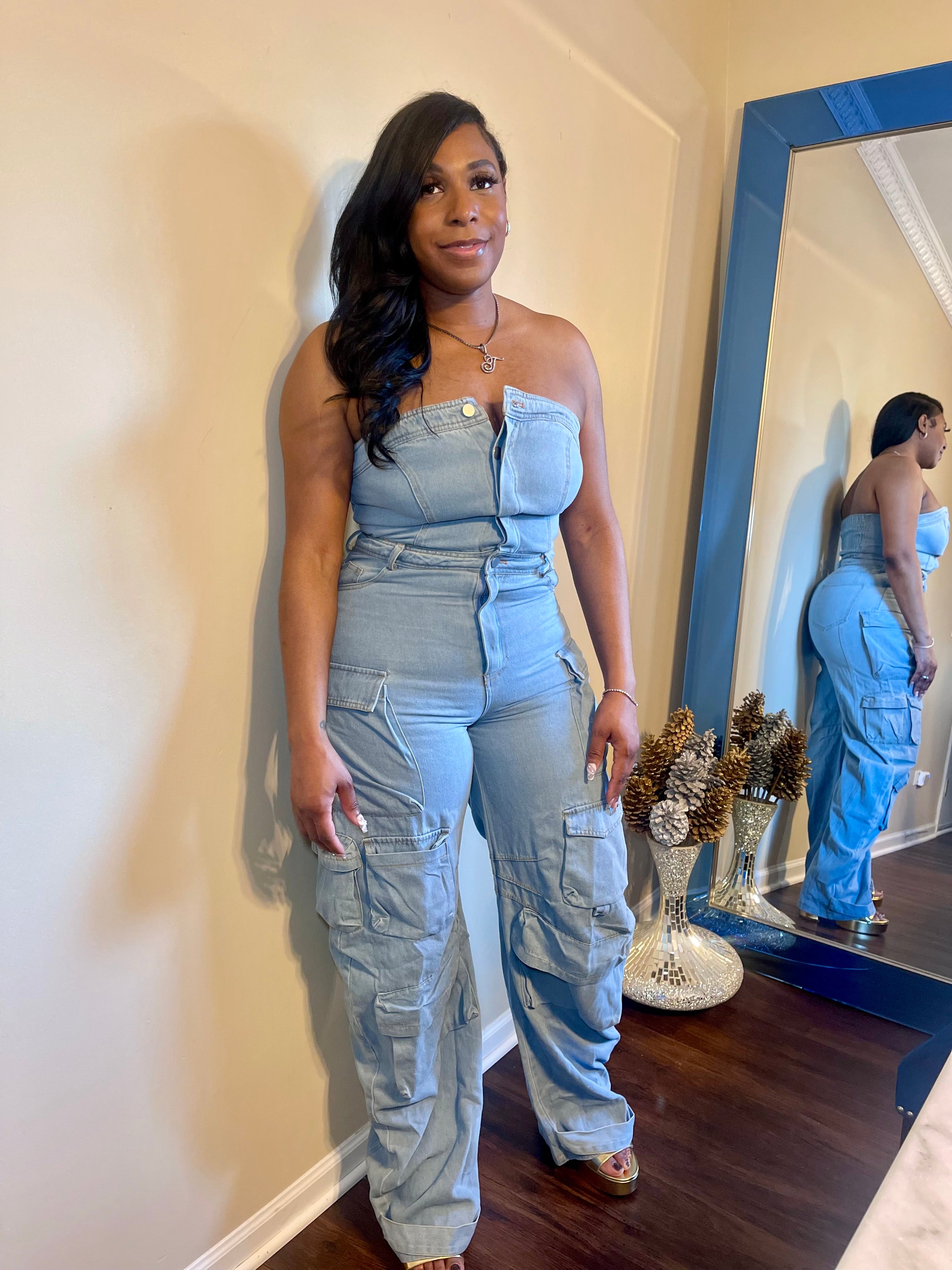 Denim On Demand Cargo Jumpsuit – Strapless Oversized Fit