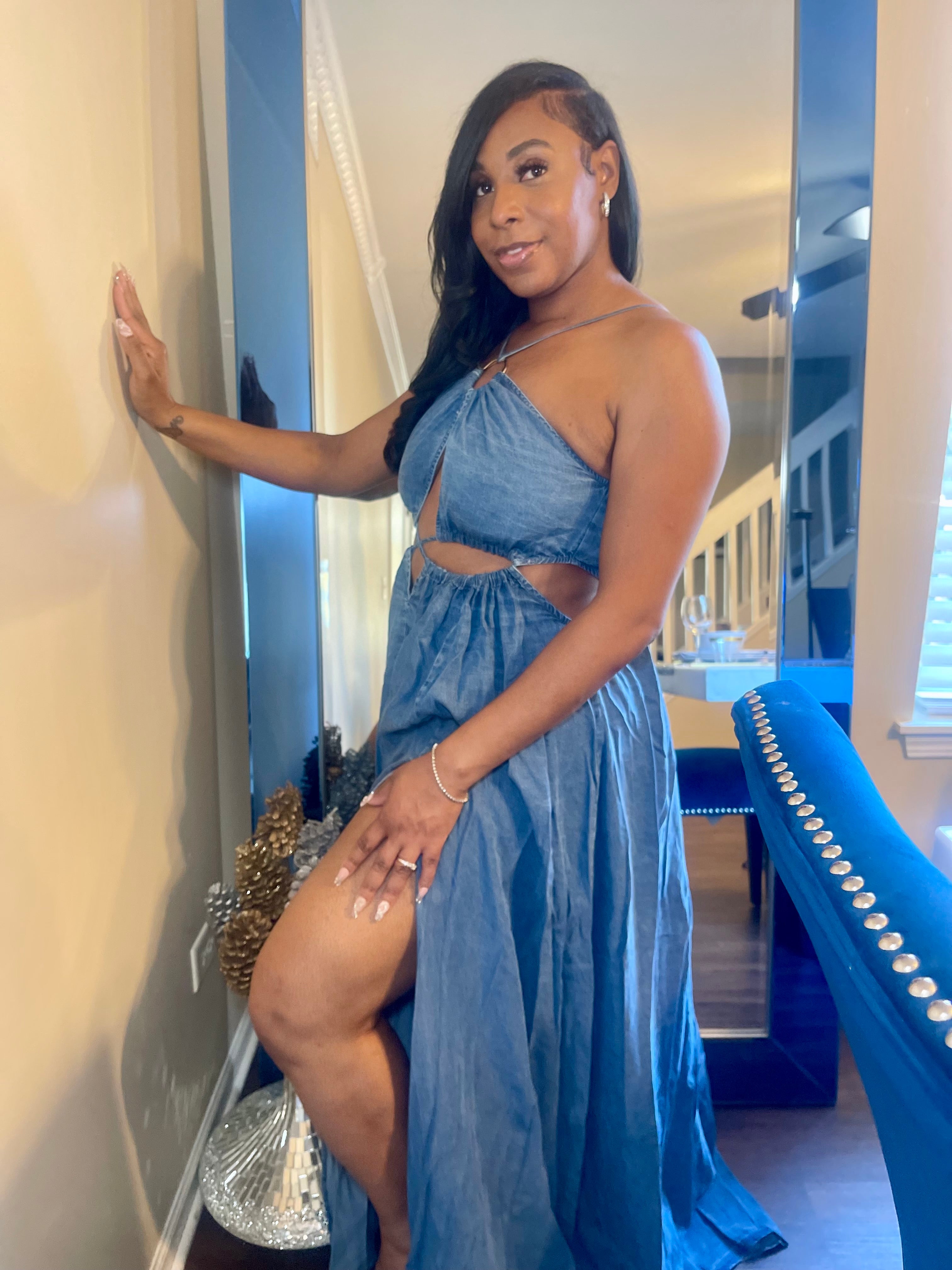 Denim Dream Maxi Dress – Oversized Cutout Design