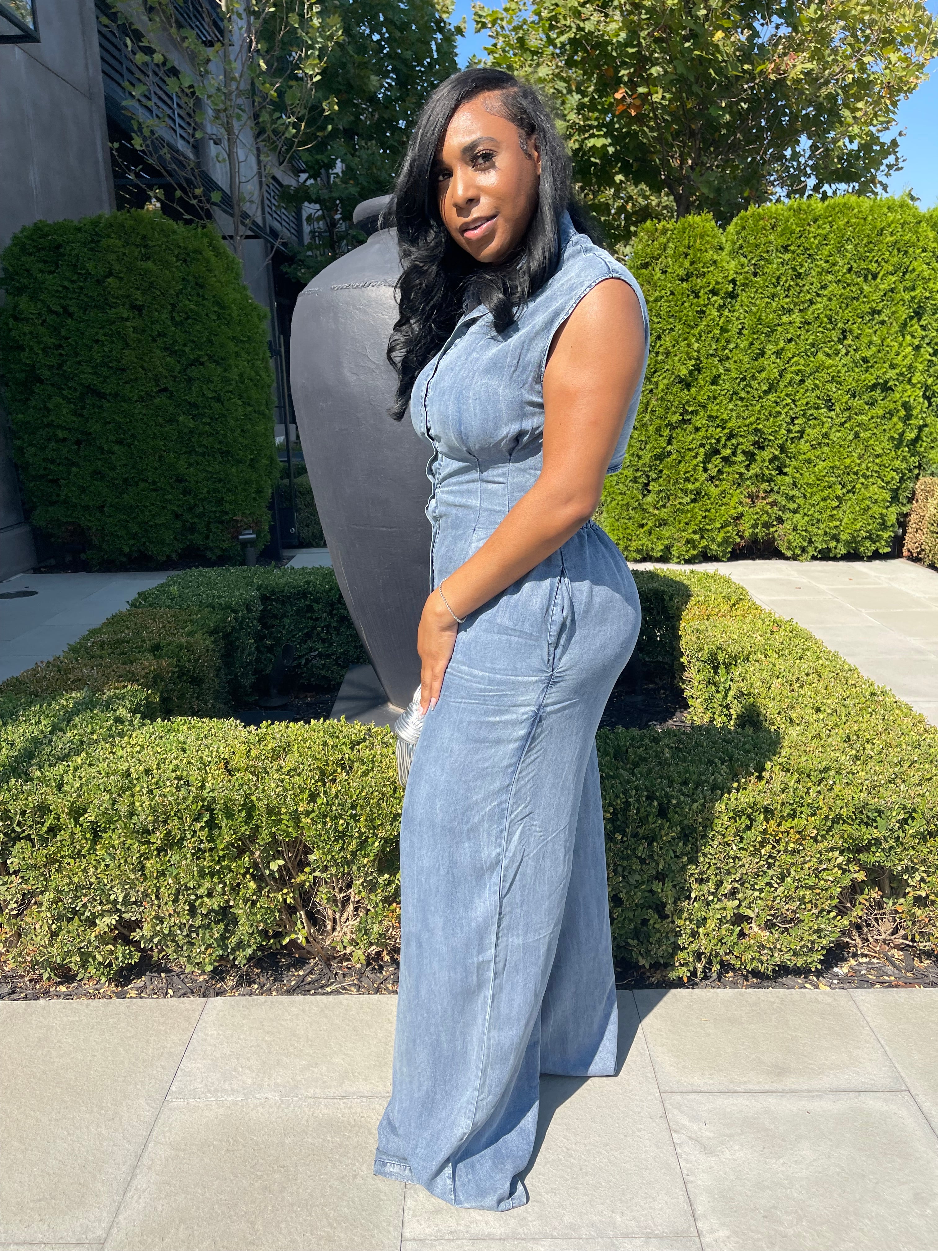 Sleeveless Button-Front Wide-Leg Denim Jumpsuit