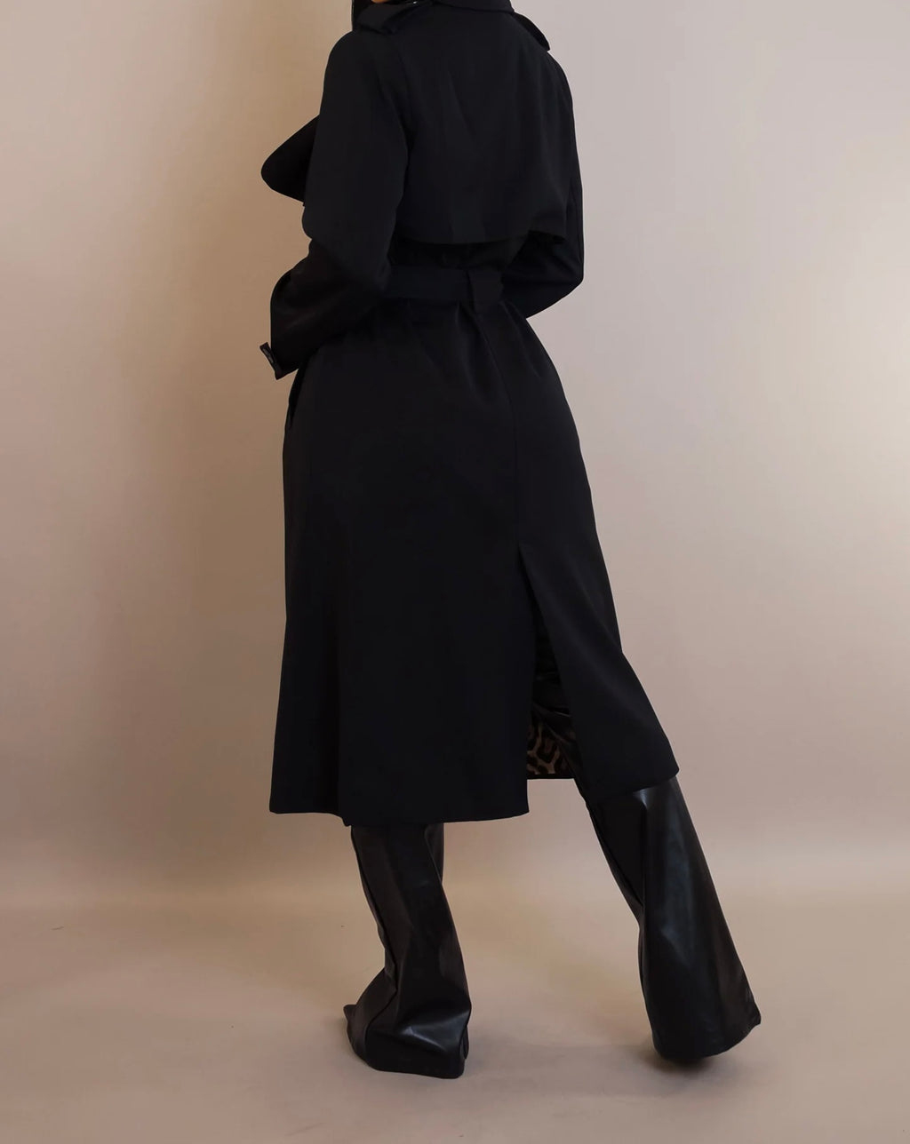 Fierce Black Trench Coat with Leopard Lining