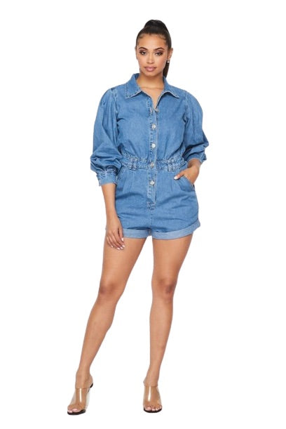 Women's Short Denim Ballon Long Sleeve Button Down Jean Jumpsuit Romper