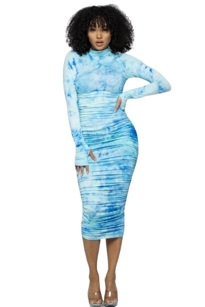 On Cloud Nine Women's Bodycon Ruched Tie Dye Long Sleeve Mock Neck Mini Pencil Dress