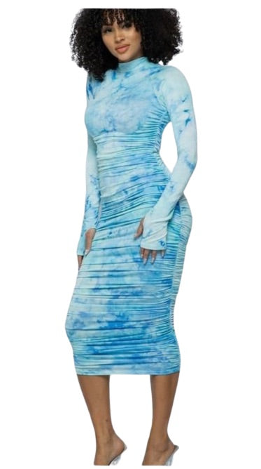 On Cloud Nine Women's Bodycon Ruched Tie Dye Long Sleeve Mock Neck Mini Pencil Dress