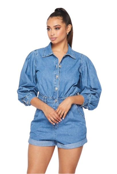 Women's Short Denim Ballon Long Sleeve Button Down Jean Jumpsuit Romper