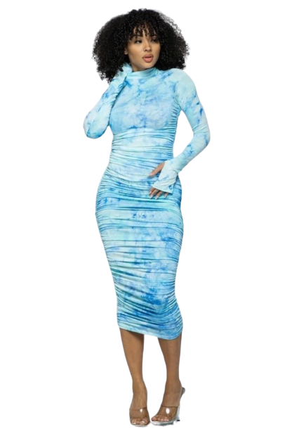 On Cloud Nine Women's Bodycon Ruched Tie Dye Long Sleeve Mock Neck Mini Pencil Dress
