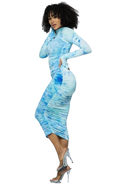 On Cloud Nine Women's Bodycon Ruched Tie Dye Long Sleeve Mock Neck Mini Pencil Dress