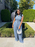Sleeveless Button-Front Wide-Leg Denim Jumpsuit