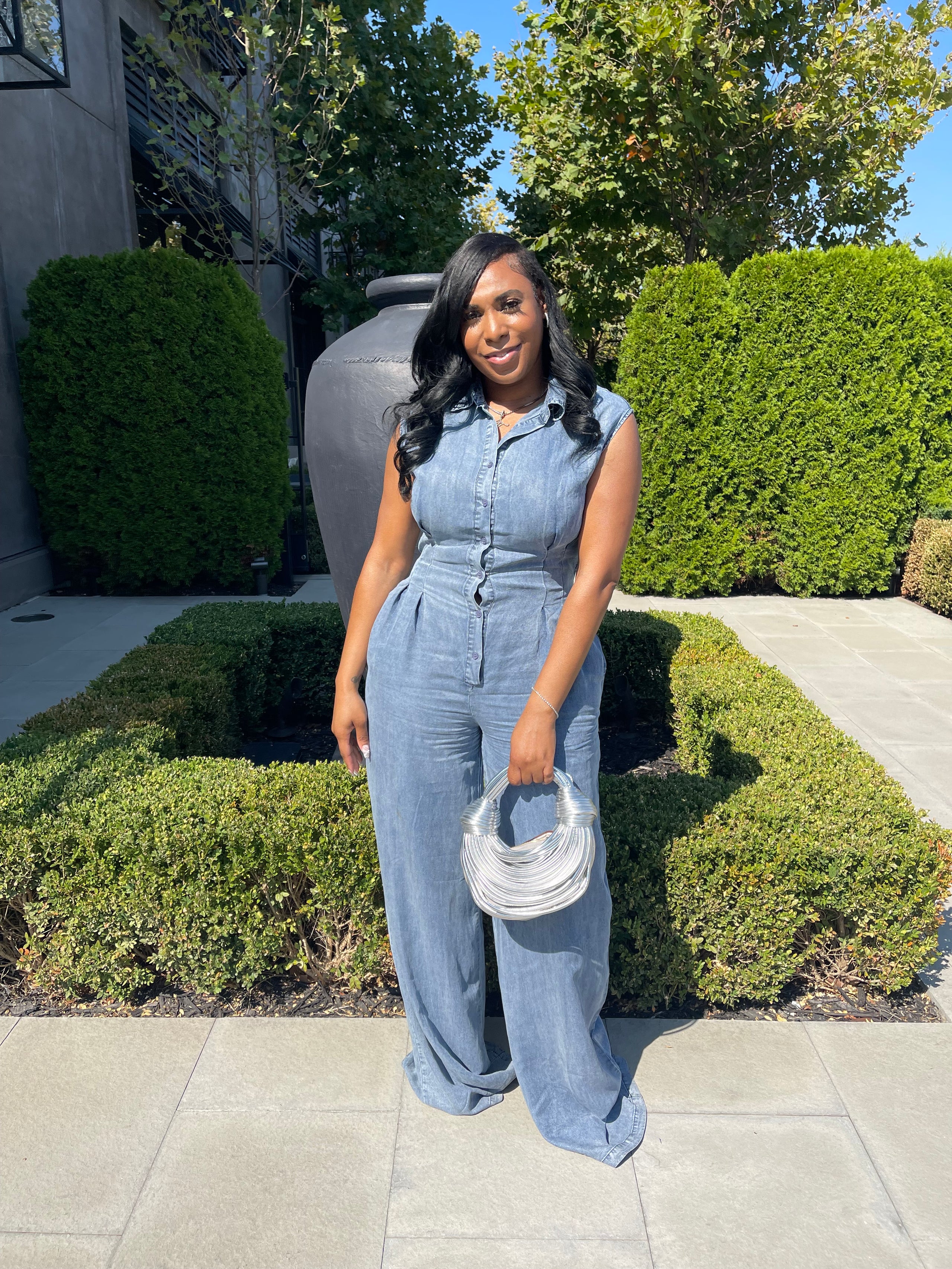 Sleeveless Button-Front Wide-Leg Denim Jumpsuit