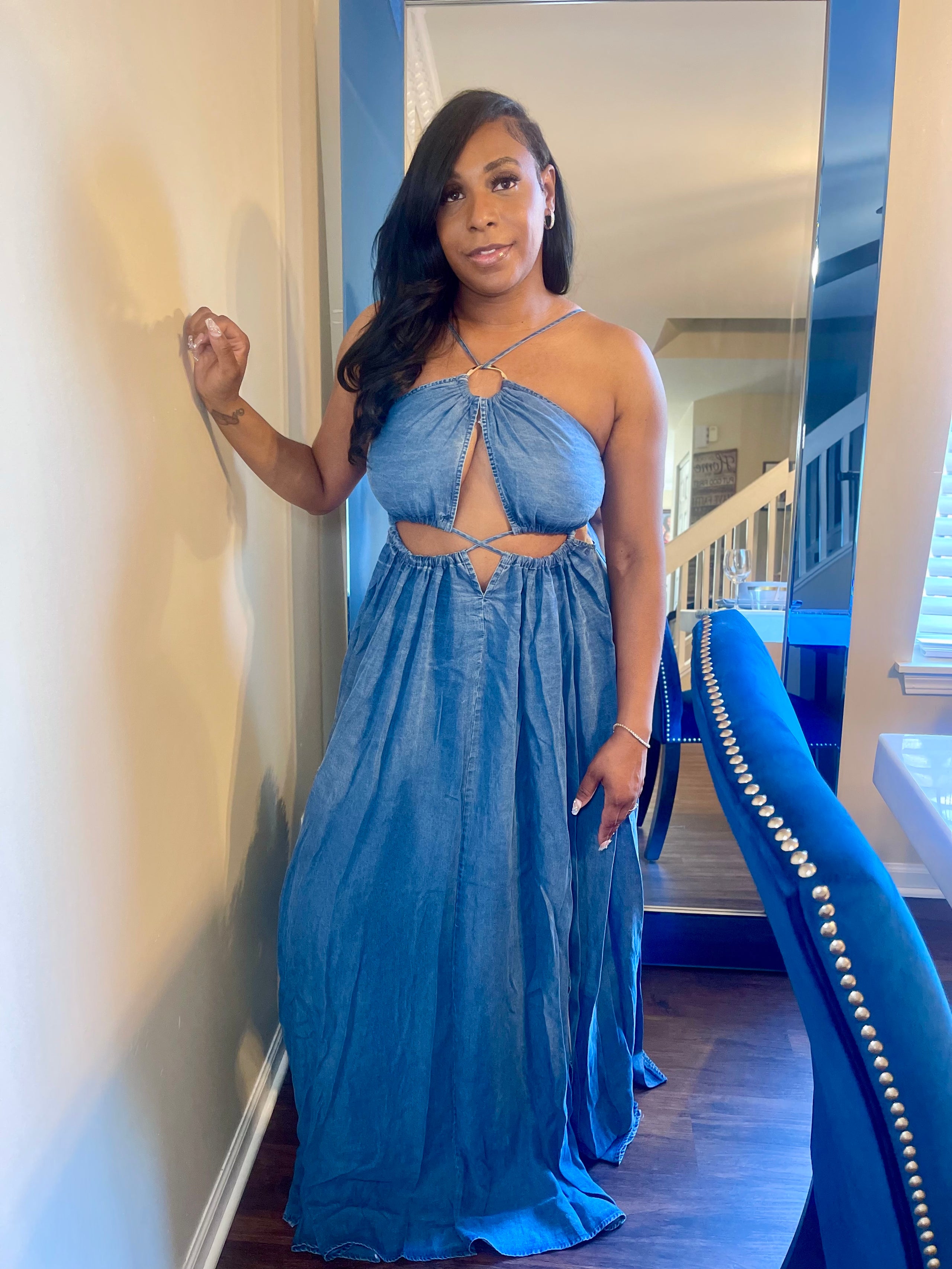 Denim Dream Maxi Dress – Oversized Cutout Design