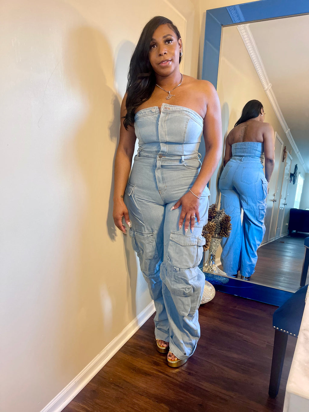 Denim On Demand Cargo Jumpsuit – Strapless Oversized Fit