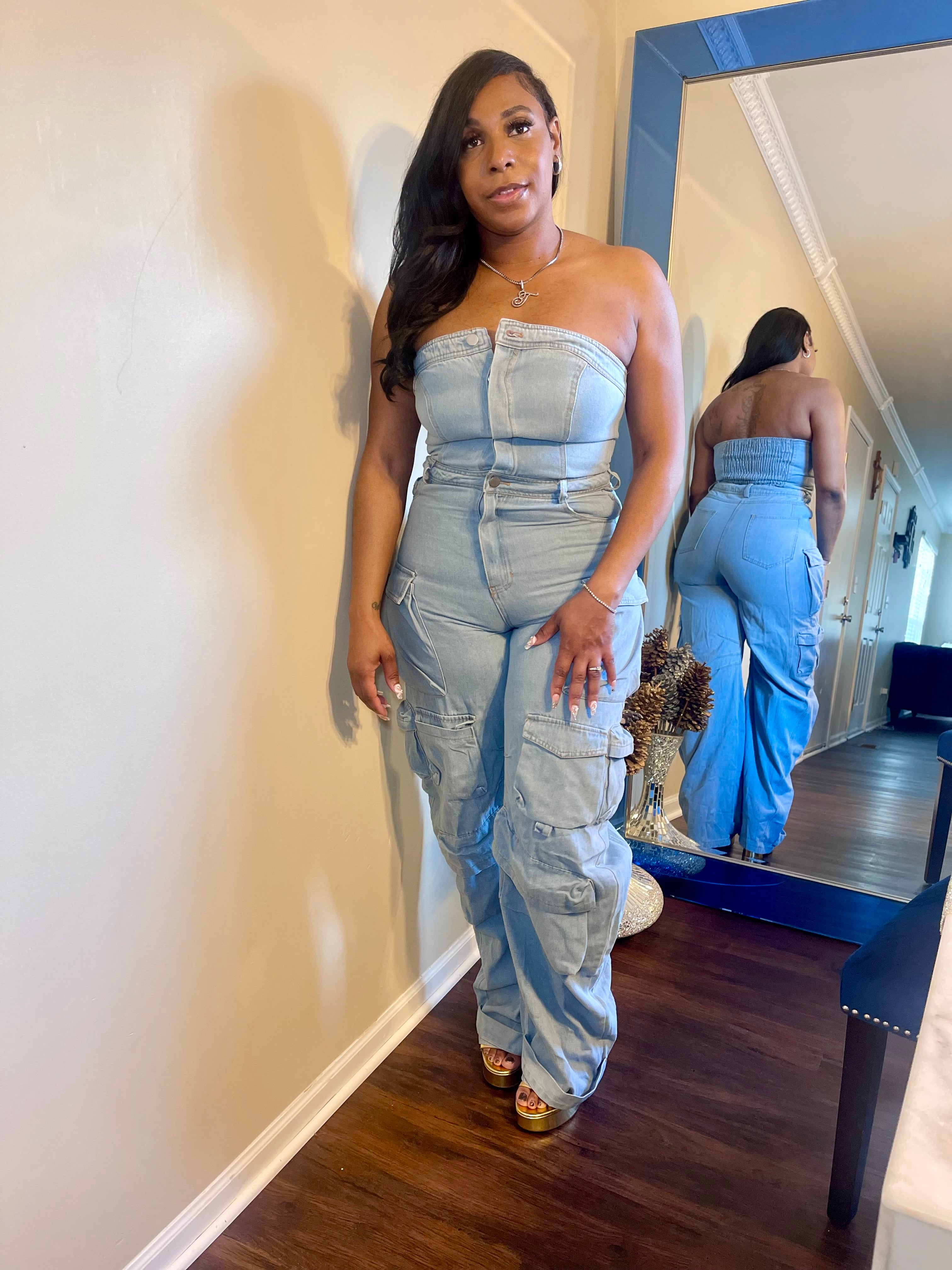Denim On Demand Cargo Jumpsuit – Strapless Oversized Fit
