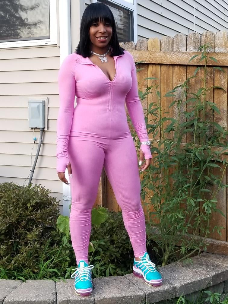 Stacked Rib Knit Zipper Jumpsuit