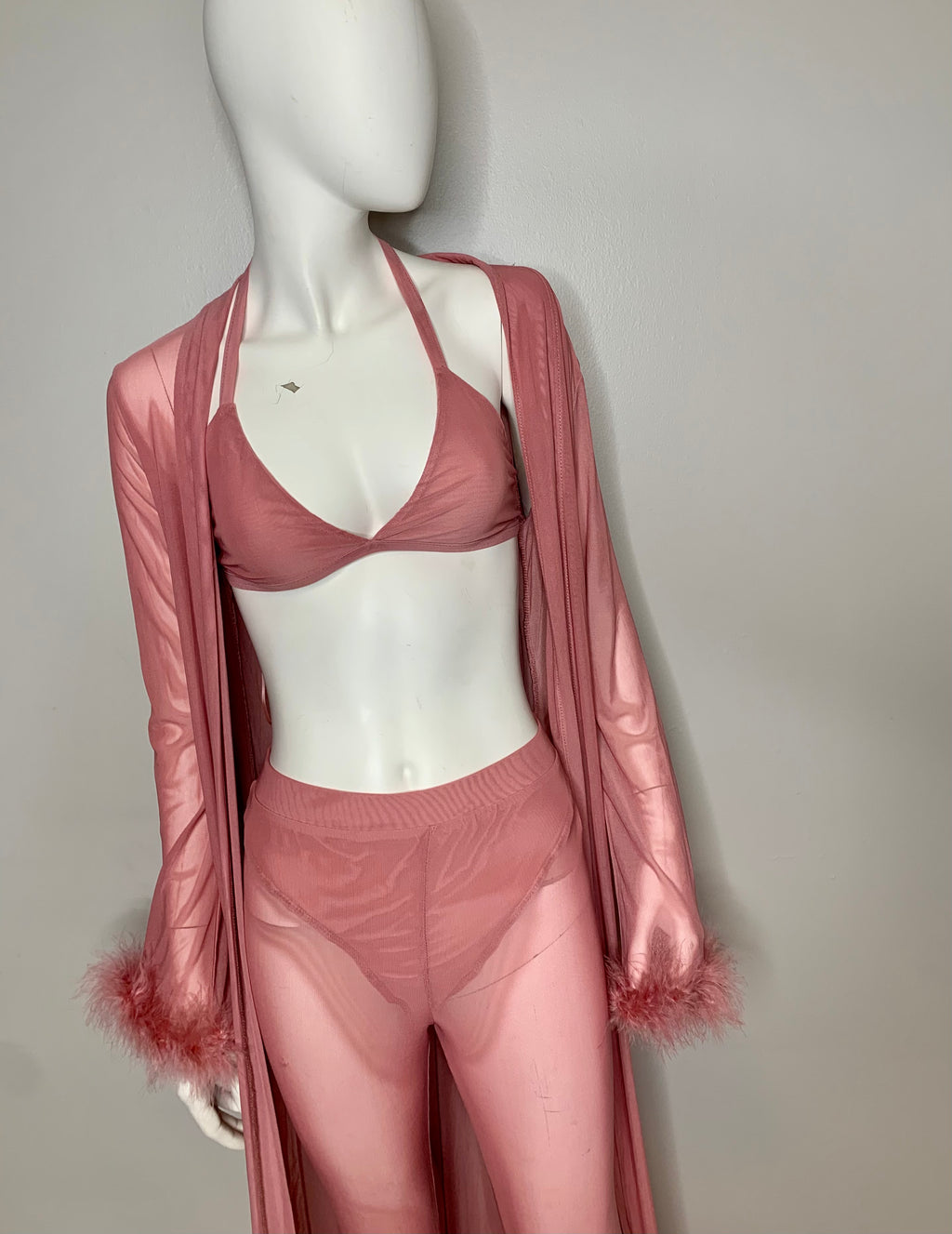 GODDES NIGHT SHEER MESH FUR / FEATHER ROBE SET