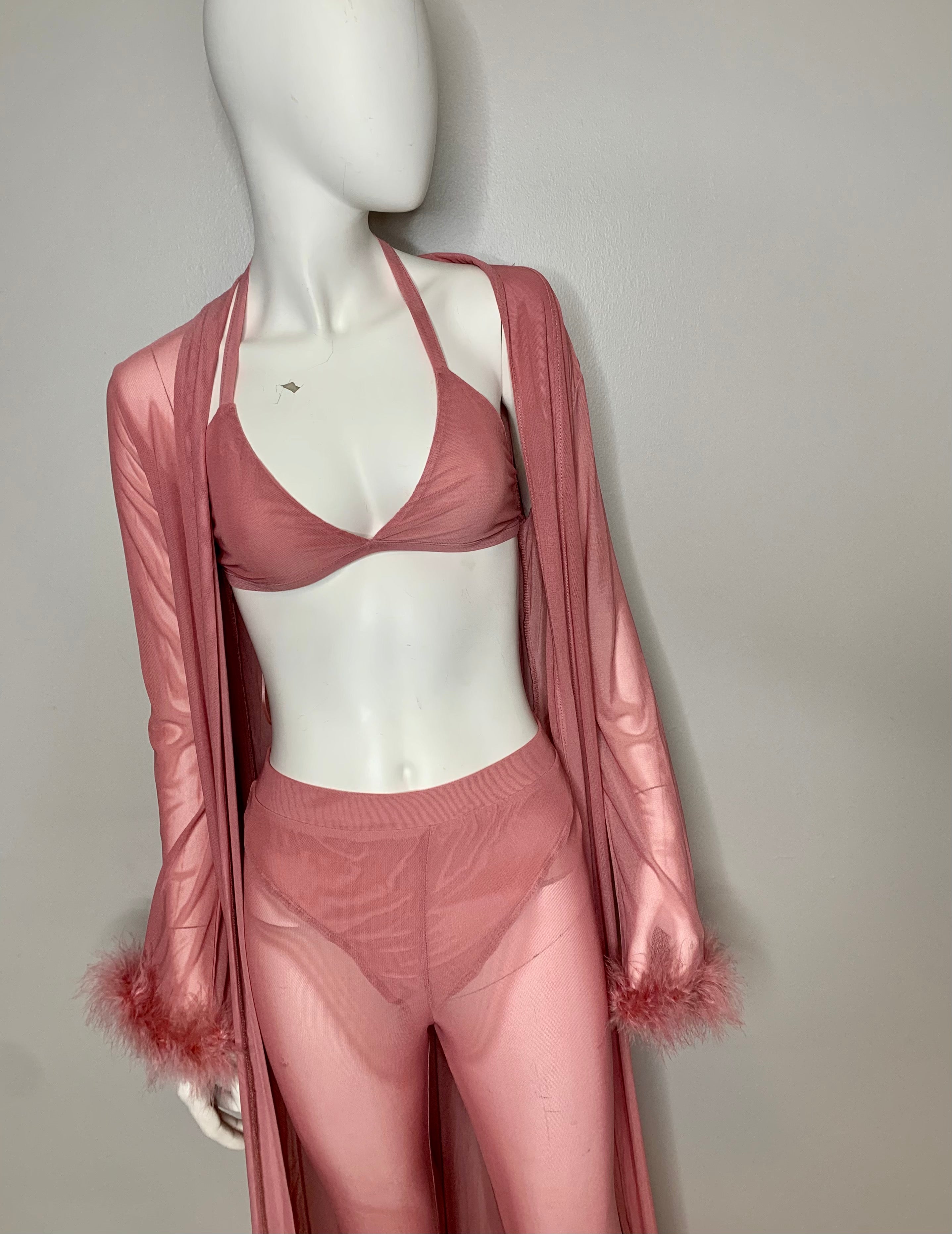 GODDES NIGHT SHEER MESH FUR / FEATHER ROBE SET
