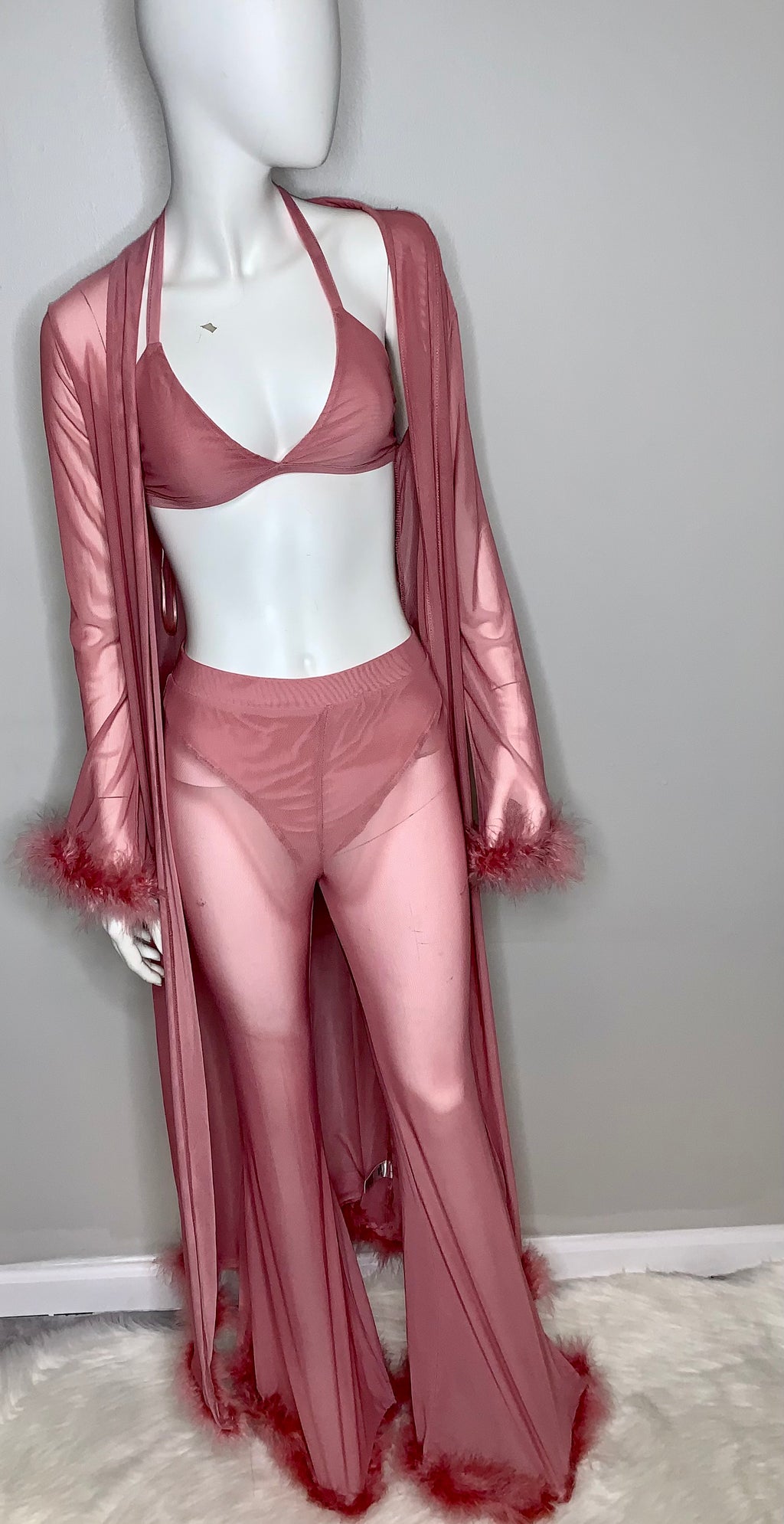 GODDES NIGHT SHEER MESH FUR / FEATHER ROBE SET
