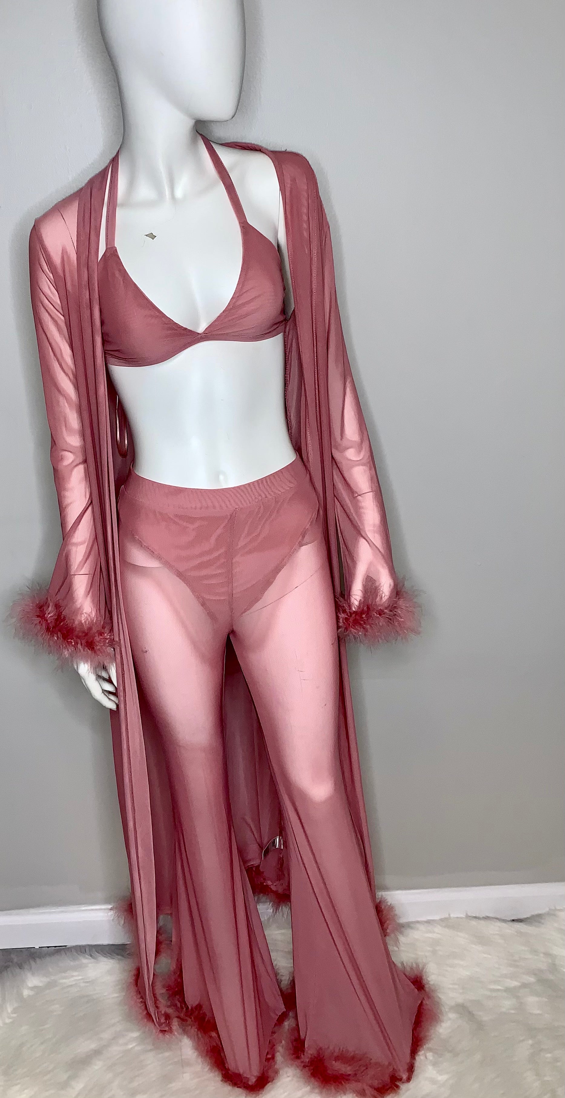 GODDES NIGHT SHEER MESH FUR / FEATHER ROBE SET