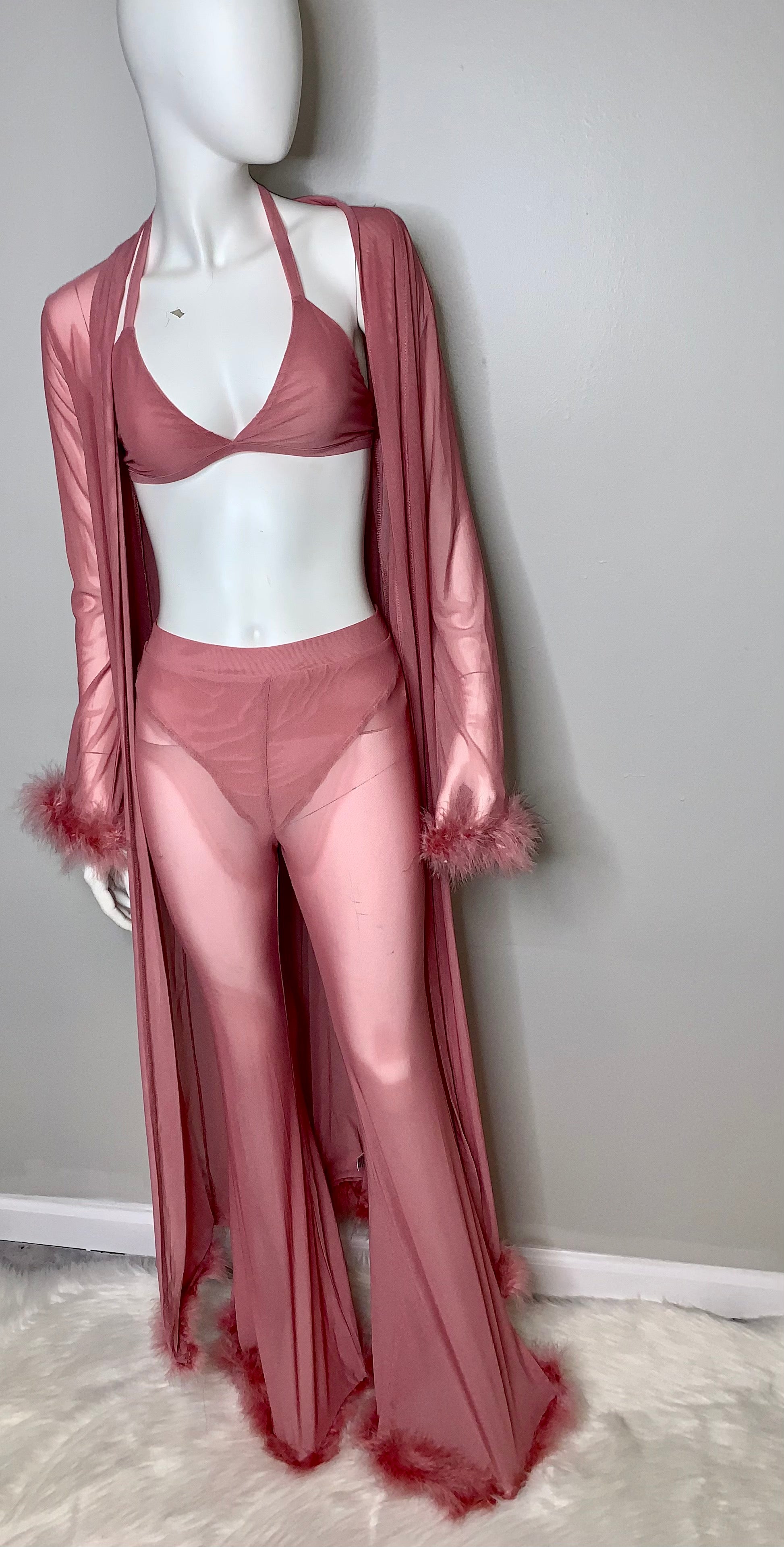 GODDES NIGHT SHEER MESH FUR / FEATHER ROBE SET